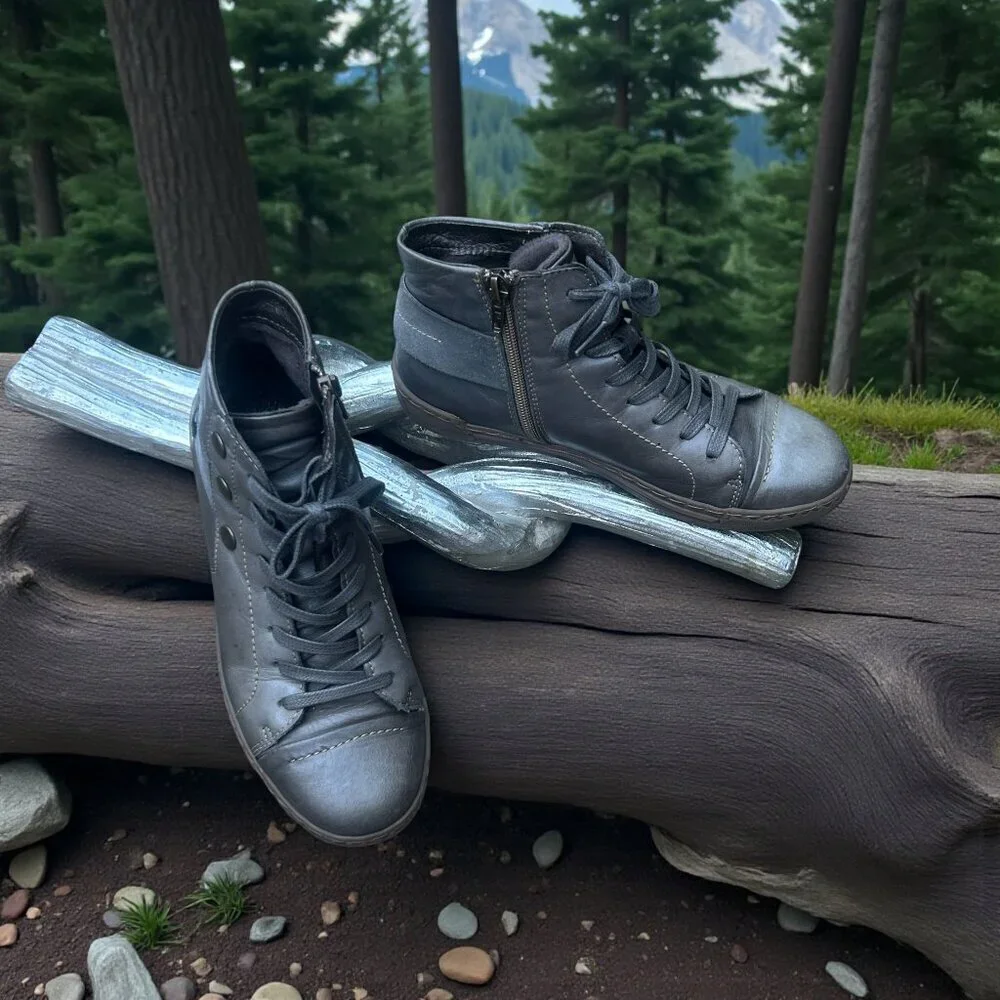 Philip Davidson Pewter Leather Side Zip Hi Top Sneakers Size 7